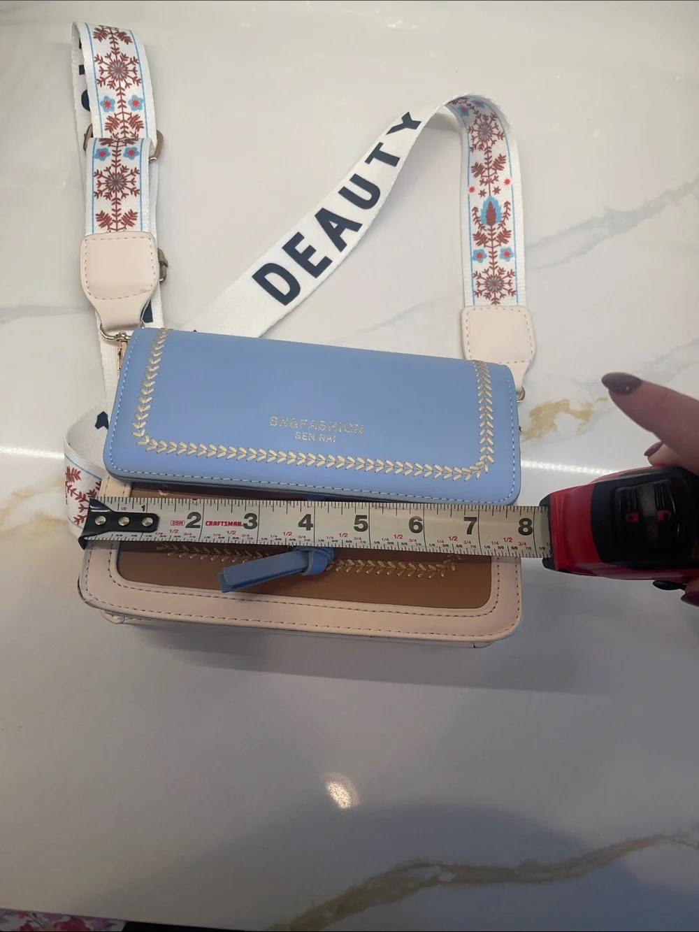 SHEIN Blue and Cream Crossbody Bag with Patterned Strap